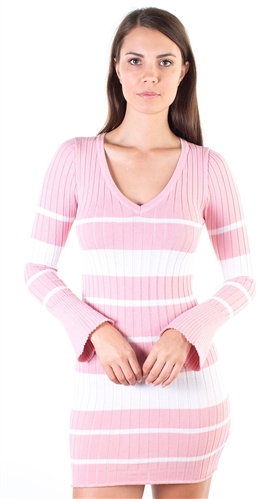 Ladies Bodycon V Neck Rib Long Sleeve Sweater Dress with Bell Sleeves By Special One