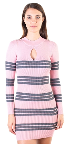 Ladies Bodycon Long Sleeve Sweater Dress with Mock Neck Keyhole Design