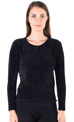 Ladies Chenille Crew Neck Sweater with Ribbed Trim