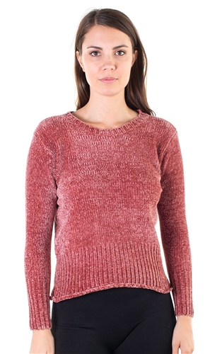 Ladies Chenille Crew Neck Sweater with Ribbed Trim