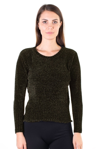 Ladies Chenille Crew Neck Sweater with Ribbed Trim