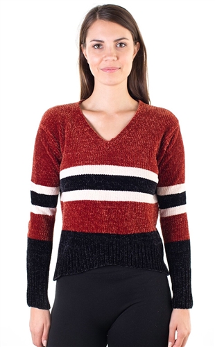 Ladies Striped V Neck Chenille Sweater