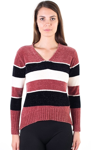 Ladies Striped V Neck Chenille Sweater