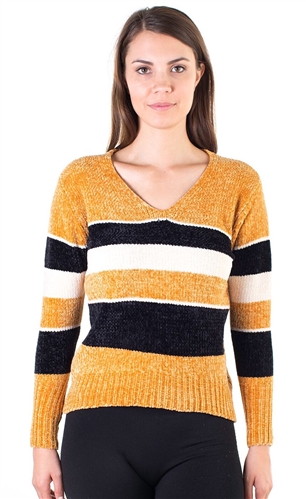 Ladies Striped V Neck Chenille Sweater