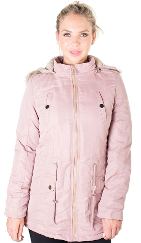 Ladies Peach Skin Parka w/ Faux Fur Lining and Detachable Hood and Waistband Draw String