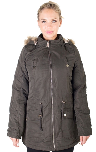 Ladies Peach Skin Parka w/ Faux Fur Lining and Detachable Hood and Waistband Draw String