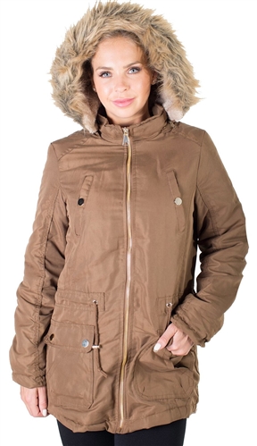 Ladies Peach Skin Parka w/ Faux Fur Lining, Detachable Hood and Waistband Draw String