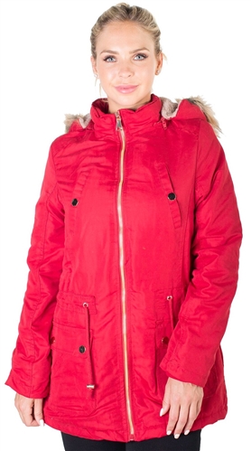 Ladies Plus Size Peach Skin Parka w/ Faux Fur Lining, Detachable Hood and Waistband Draw String