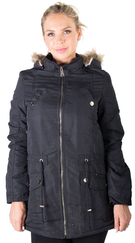 Ladies Peach Skin Parka w/ Faux Fur Lining, Detachable Hood and Waistband Draw String