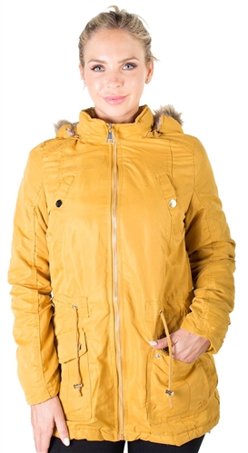 Ladies Peach Skin Parka w/ Faux Fur Lining, Detachable Hood and Waistband Draw String