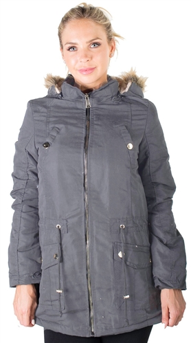 Ladies Plus Size Peach Skin Parka w/ Faux Fur Lining, Detachable Hood and Waistband Draw String