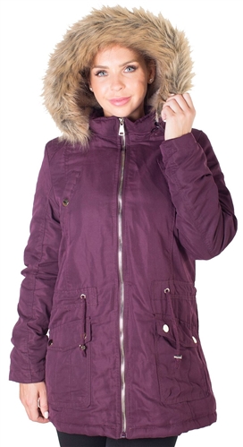 Ladies Plus Size Peach Skin Parka w/ Faux Fur Lining, Detachable Hood and Waistband Draw String