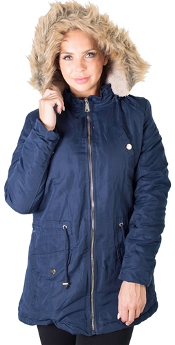 Ladies Peach Skin Parka w/ Faux Fur Lining, Detachable Hood and Waistband Draw String