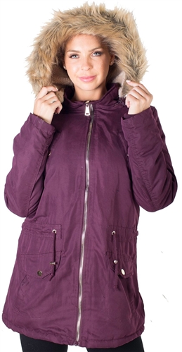 Ladies Peach Skin Parka w/ Faux Fur Lining, Detachable Hood and Waistband Draw String