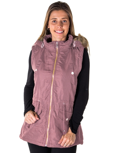 Ladies Faux Fur Lined Brushed Peach Vest w/ Detachable Hood, 2 Front Pockets & Waistband Draw String