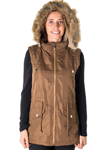 Ladies Plus Size Faux Fur Lined Brushed Peach Vest w/ Detachable Hood, 2 Front Pockets & Waistband Draw String