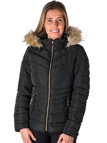 Ladies Faux Fur Lined Jacket w/ Detachable Hood, Elastic Side, Zip Up & 2 Front Pockets