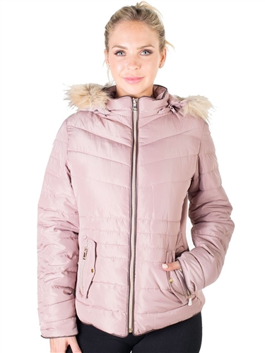 Ladies Faux Fur Lined Jacket w/ Detachable Hood, Elastic Side, Zip Up & 2 Front Pockets
