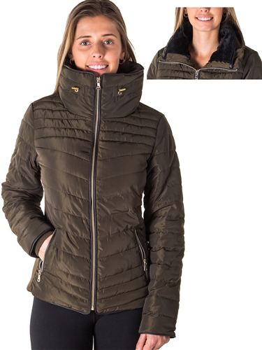 Ladies Faux Fur Lined Liz Jacket w/ High Collar, Zip Up, PU Piping & zip Front Pockets