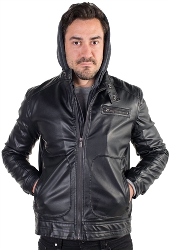 Men's Faux Leather Jacket with Hoodie