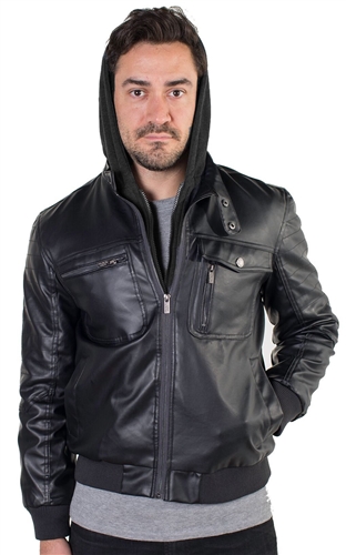 Men's Faux Leather Jacket with Hoodie