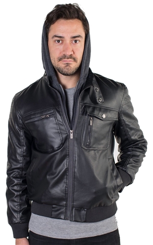 Men's Faux Leather Jacket with Hoodie