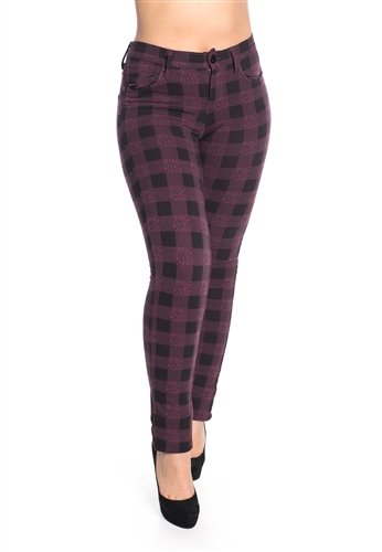 Ladies Vanilla Star Mid Rise Wine Plaid Skinny Pants