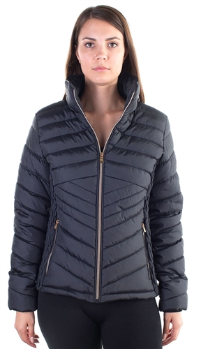 Ladies Faux Fur Lined Liz Jacket w/ High Collar, Hooded, Zip Up, PU Piping & zip Front Pockets