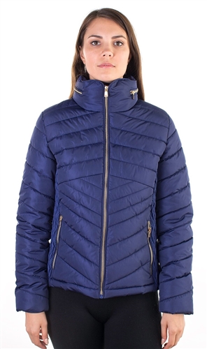 Ladies Faux Fur Lined Liz Jacket w/ High Collar, Hooded, Zip Up, PU Piping & zip Front Pockets