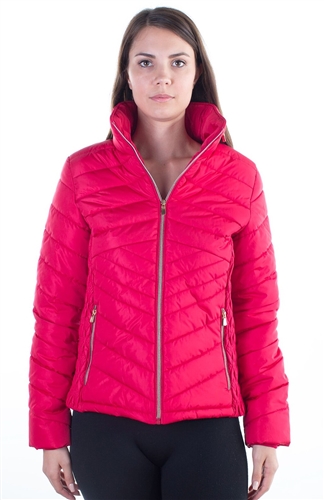 Ladies Faux Fur Lined Liz Jacket w/ High Collar, Hooded, Zip Up, PU Piping & zip Front Pockets