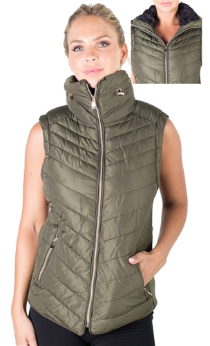 Ladies High Collar Quilted Vest with Faux Fur Inner Collar and Body Lining and Stretchable Side Gathering