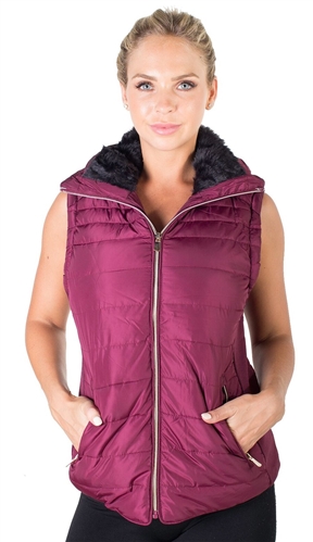 Ladies High Collar Quilted Vest with Faux Fur Inner Collar and Body Lining and Stretchable Side Gathering