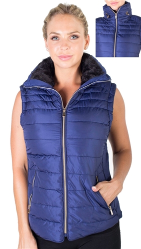 Ladies High Collar Quilted Vest with Faux Fur Inner Collar and Body Lining and Stretchable Side Gathering