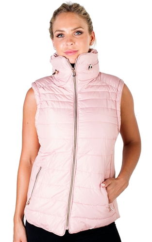 Ladies High Collar Quilted Vest with Faux Fur Inner Collar and Body Lining and Stretchable Side Gathering