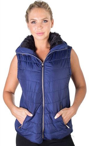 Ladies High Collar Quilted Vest with Faux Fur Inner Collar and Body Lining and Stretchable Side Gathering