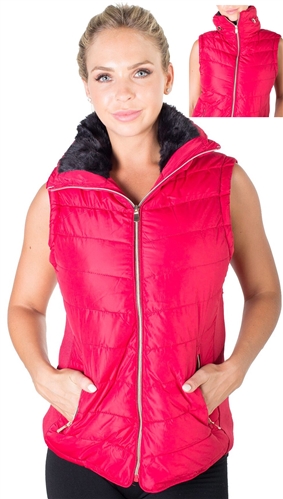 Ladies High Collar Quilted Vest with Faux Fur Inner Collar and Body Lining and Stretchable Side Gathering