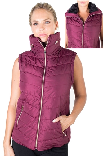 Ladies Plus Size High Collar Quilted Vest with Faux Fur Inner Collar and Body Lining and Stretchable Side Gathering