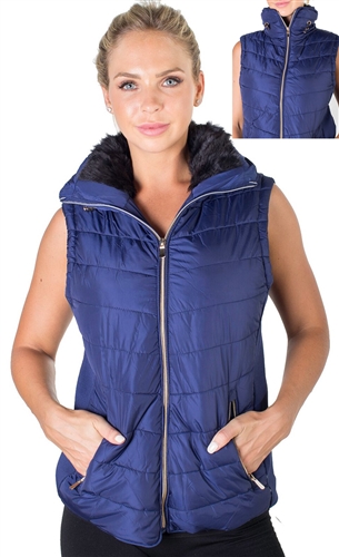 Ladies Plus Size High Collar Quilted Vest with Faux Fur Inner Collar and Body Lining and Stretchable Side Gathering