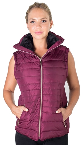 Ladies High Collar Quilted Vest with Faux Fur Inner Collar and Body Lining and Stretchable Side Gathering