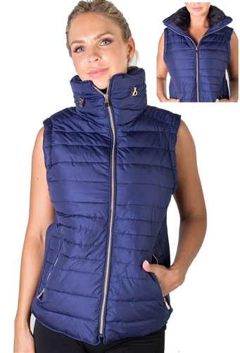 Ladies High Collar Quilted Vest with Faux Fur Inner Collar and Body Lining and Stretchable Side Gathering