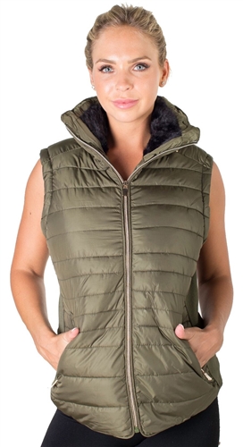 Ladies High Collar Quilted Vest with Faux Fur Inner Collar and Body Lining and Stretchable Side Gathering