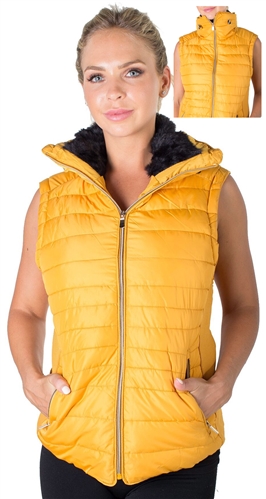 Ladies Plus Size High Collar Quilted Vest with Faux Fur Inner Collar and Body Lining and Stretchable Side Gathering