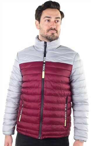 Men's Two Color Quilted Puffer Jacket with Faux Fur Body Lining and  "New York" Print on Zippers