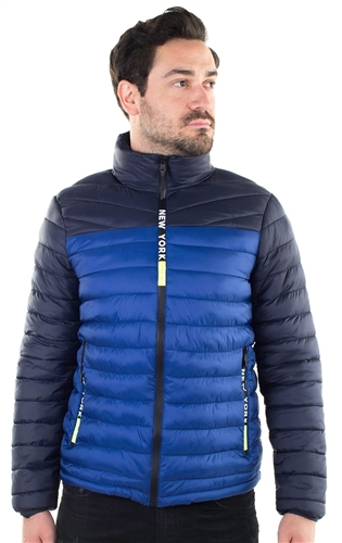 Men's Two Color Quilted Puffer Jacket with Faux Fur Body Lining and  "New York" Print on Zippers