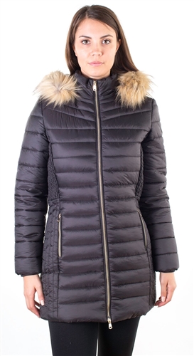 Ladies Faux Fur Lined Long Jacket, Zip Up, Detachable Hood, Elastic Side Gathering w/ 2 Front Pocket