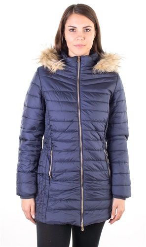 Ladies Faux Fur Lined Long Jacket, Zip Up, Detachable Hood, Elastic Side Gathering w/ 2 Front Pocket