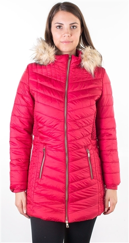 Ladies Faux Fur Lined Long Jacket, Zip Up, Detachable Hood, Elastic Side Gathering w/ 2 Front Pocket