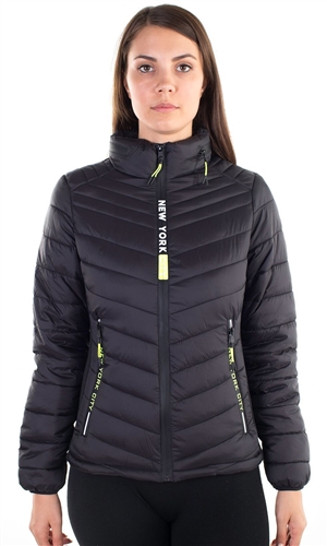 Women's Puffer Jacket with "New York" Print and Mock Zipper on Collar Design