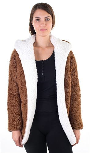 Ladies Teddy Faux Shearling Hooded Reversible Jacket