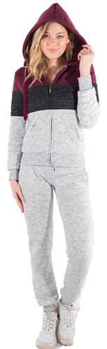 Women's Space Dye, Faux Sherpa Lined Hoodie and Jogger Set with Color Blocking